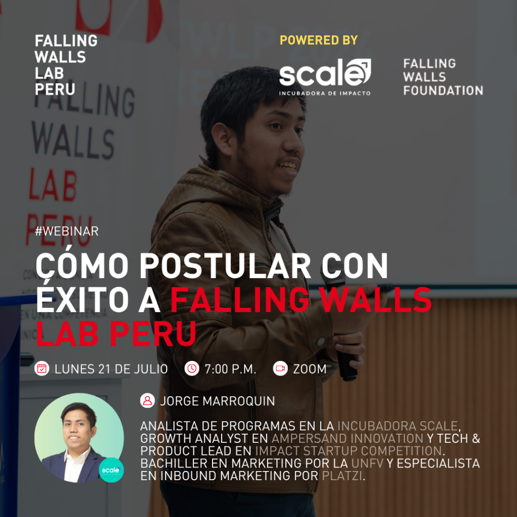 Flyer de fondo oscuro cuyo título de color blanco y rojo dice "Webinar: Cómo postular con éxito a Falling Walls Lab Peru"