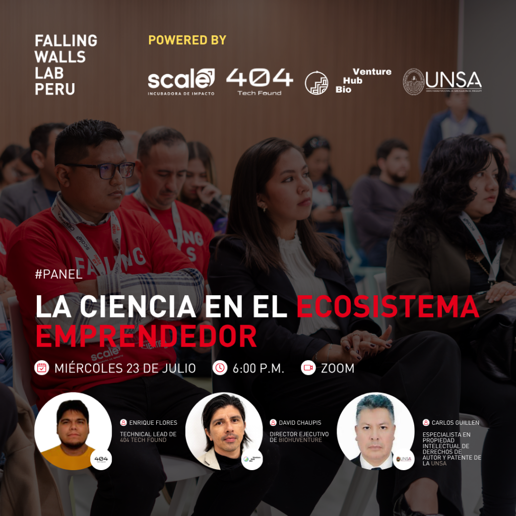 Flyer de fondo oscuro cuyo título de color blanco y rojo dice "Panel: La ciencia en el ecosistema emprendedor"
