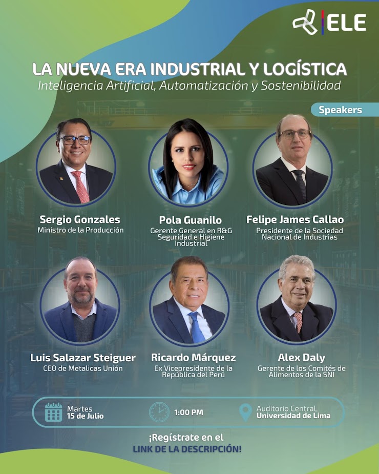 Flyer de fondo verde con azul degrade cuyo título dice "La nueva Era Industrial y Logística"