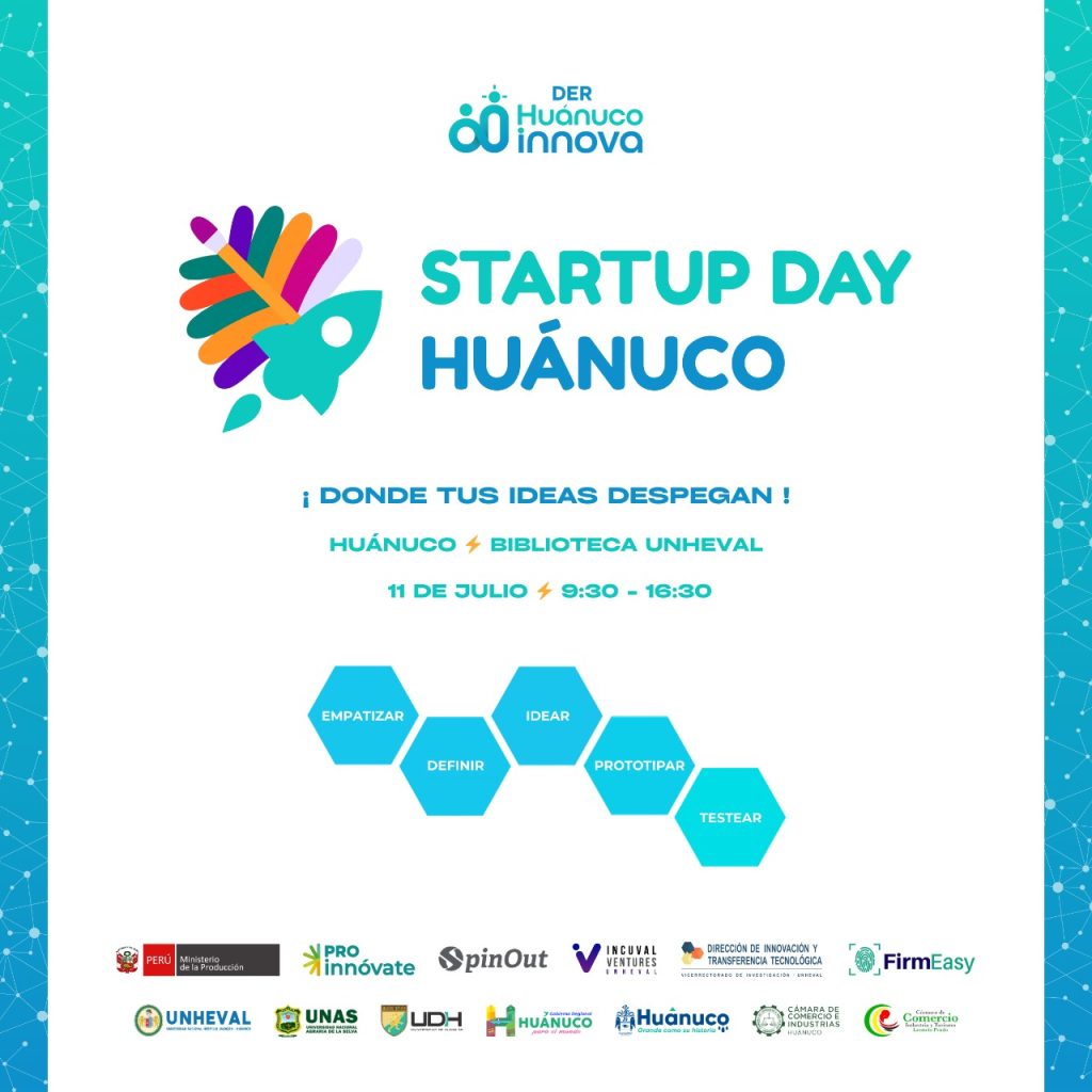 Flyer de fondo color blanco cuyo título dice "STARTUP DAY HUÁNUCO"