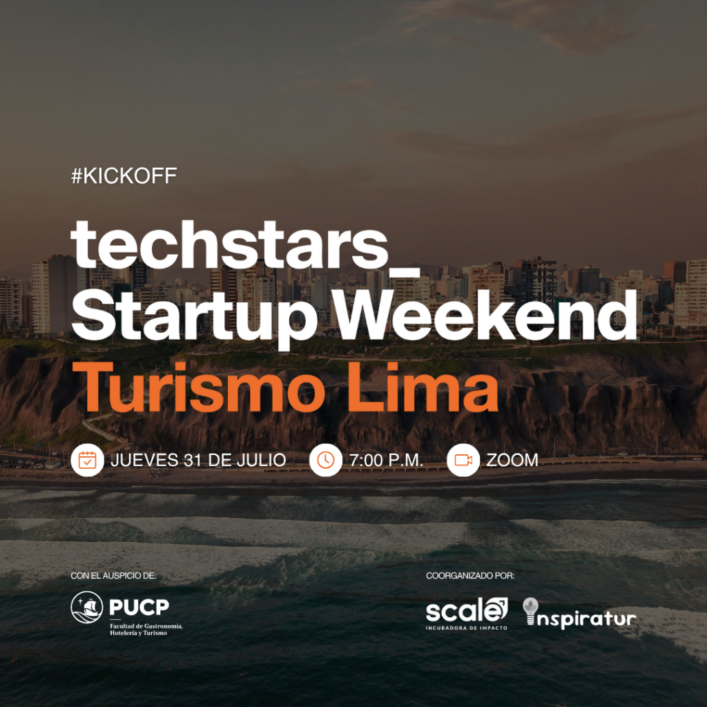 Flyer de fondo de la Costa Verde con degrade negro cuyo título dice "Kickoff Vol 1: Techstars_ Startup Weekend Turismo Lima"