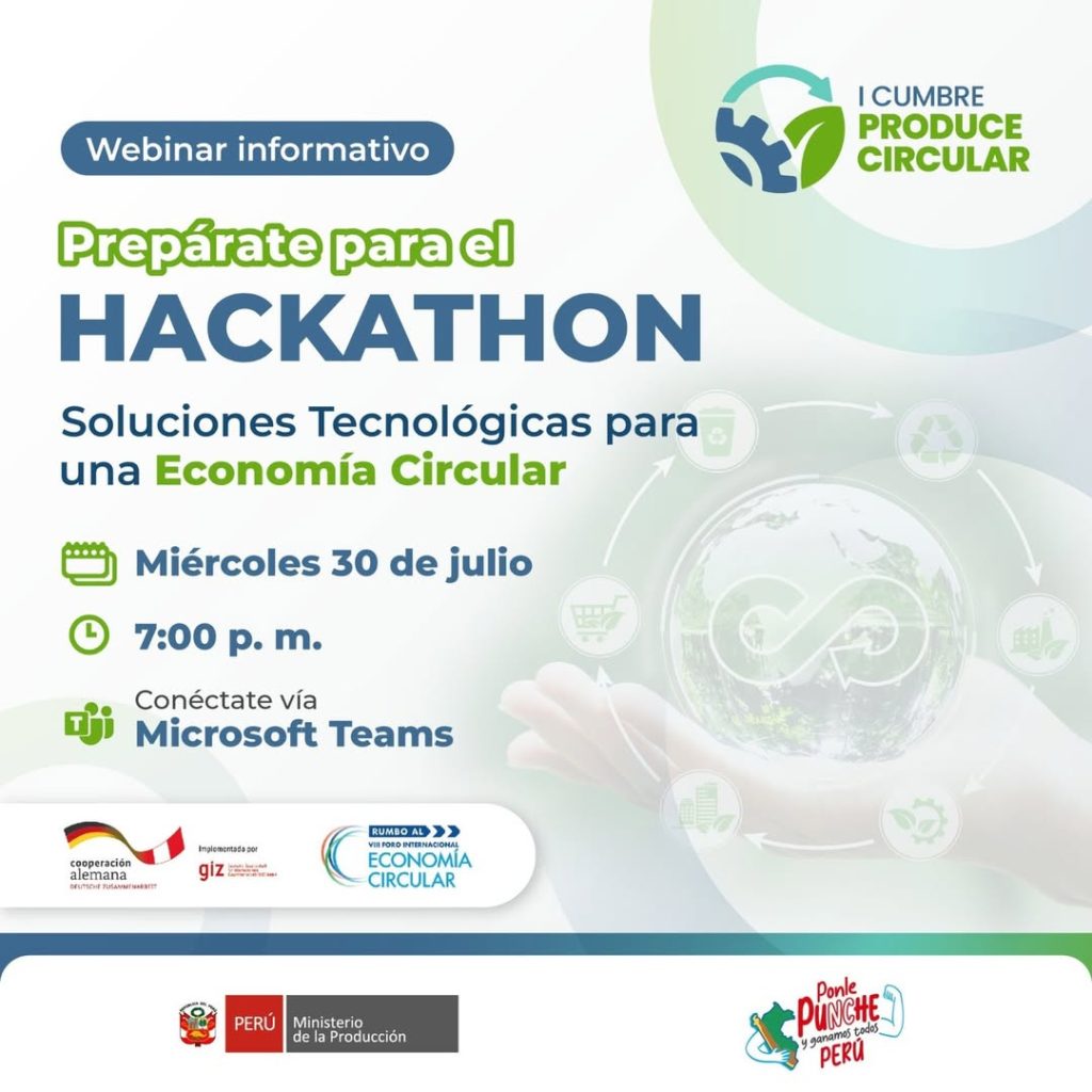 Flyer de fondo color blanco cuyo título de color azul y verde limón dice "Webinar - Prepárate para el Hackathon - Soluciones Tecnológicas para una Economía Circular"