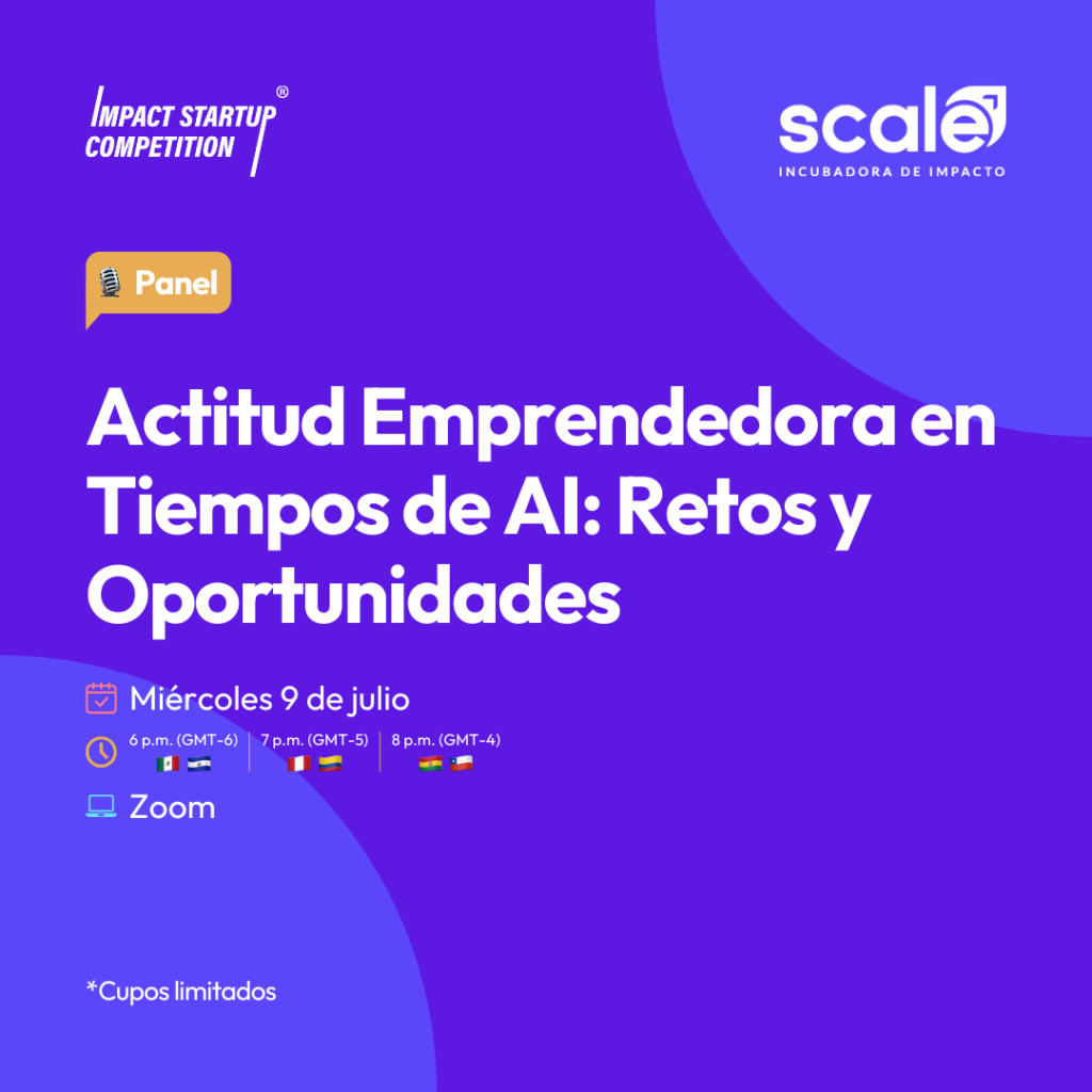 Flyer de fondo color morado en tonalidades contrarias cuyo título dice "Panel: Actitud Emprendedora en Tiempos de AI: Retos y Oportunidades"