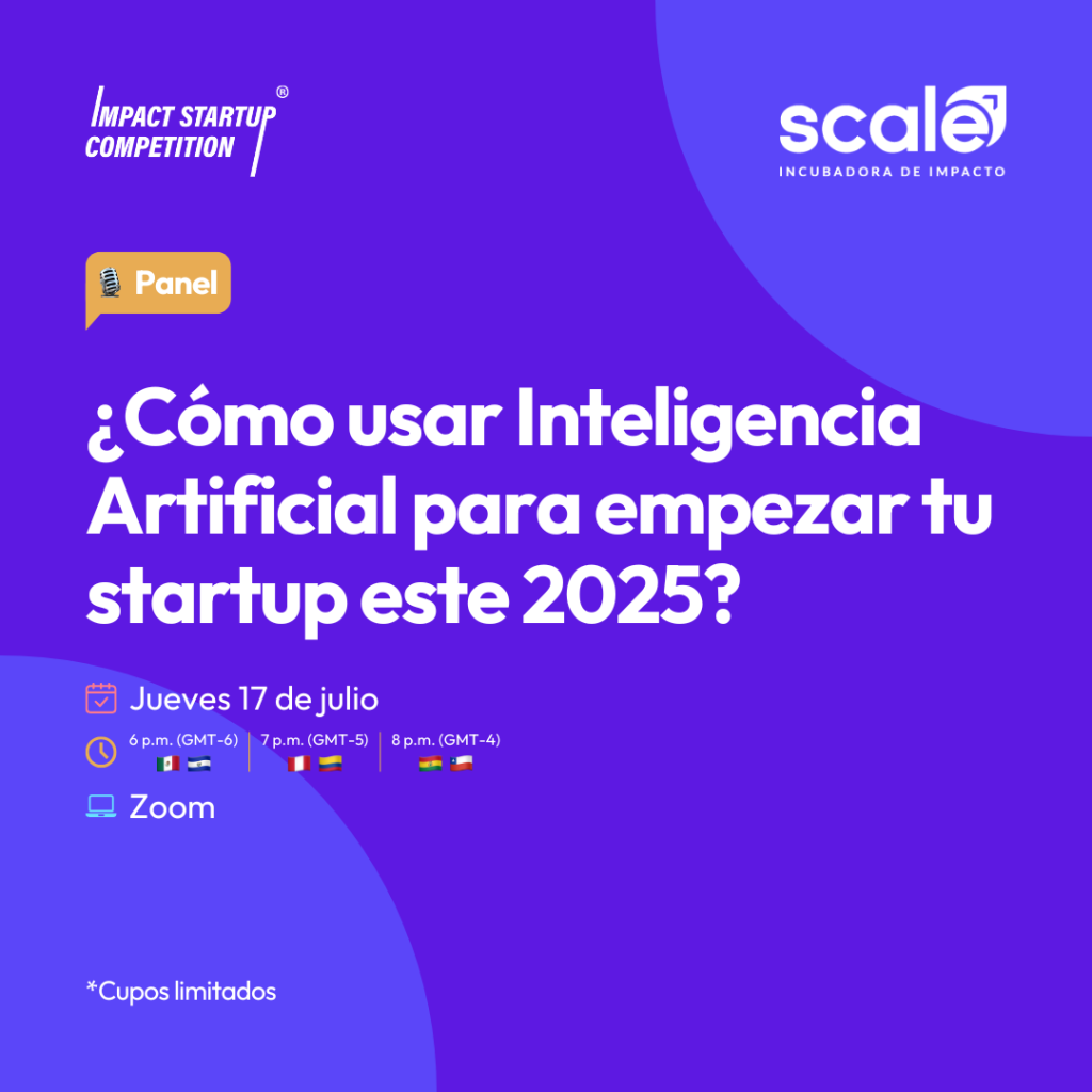 Flyer de fondo morado con círculos lila en los extremos cuyo título dice "Panel: ¿Cómo usar Inteligencia Artificial para empezar tu startup este 2025?"