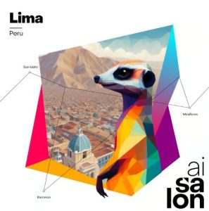 Logo de fondo color blanco cuyo centro aparece una imagen de color arcoíris con una ilustración de un suricata y en la esquina superior izquierda aparece un texto de color negro que dice "AI Salon Lima"