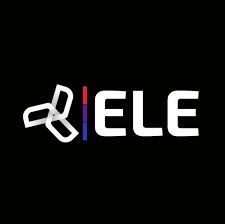 Logo de fondo negro que en el centro tiene una palabra de color blanco que dice textualmente ELE y al costado el ícono del mismo color de un pequeño molino de 3 hélices