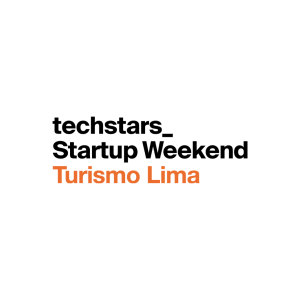 Logo de fondo blanco que en el centro dice "Techstars_ Startup Weekend Turismo Lima" de color negro y naranja