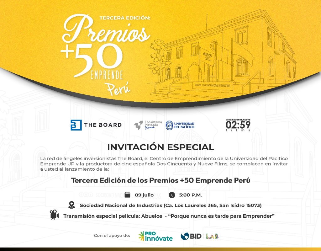 Flyer de fondo color amarillo y blanco cuyo título dice "Kickoff: Tercera Edición de los Premios +50 Emprende Perú"