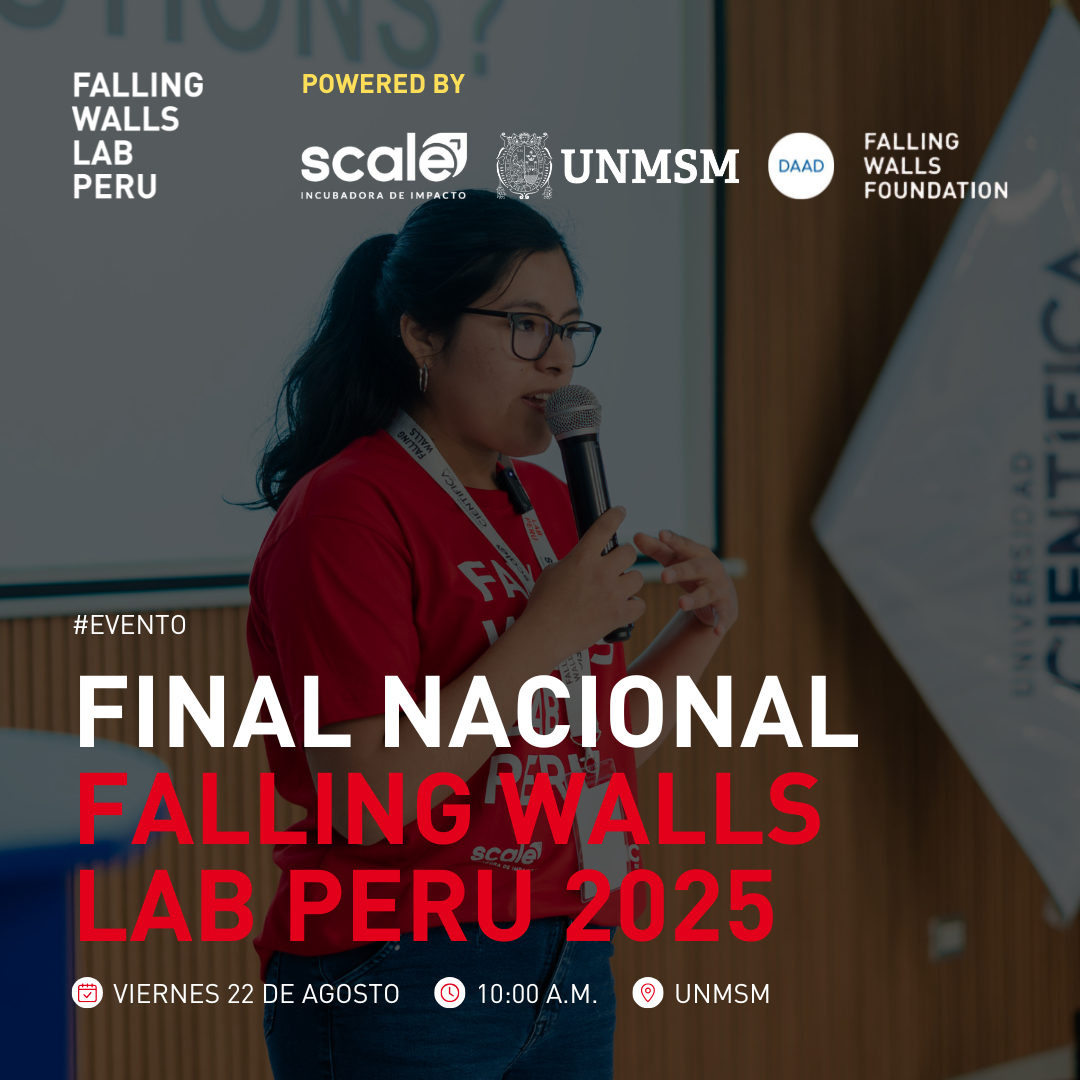 Flyer de fondo oscuro cuyo título blanco y rojo dice "Final Nacional Falling Walls Lab Peru 2025"