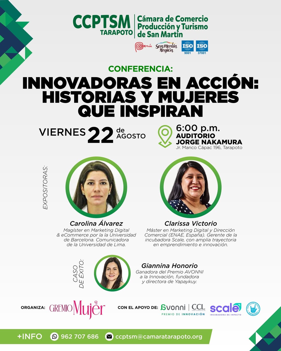 Flyer de fondo blanco cuyo título negro y verde dice "Conferencia - Innovadoras en Acción - Historias y Mujeres que Inspiran"