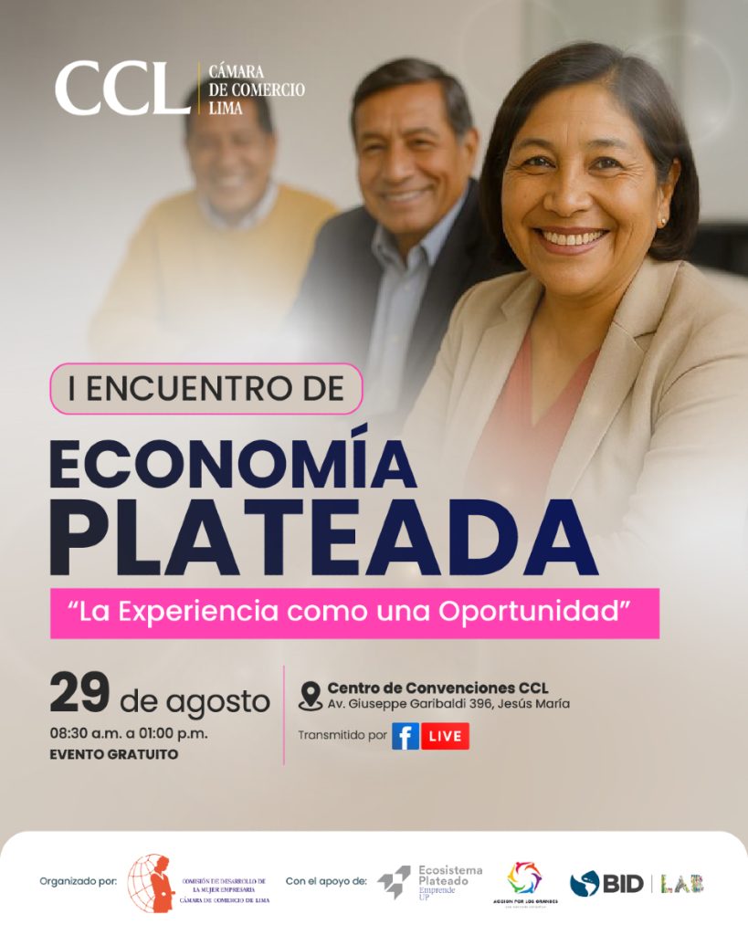 Flyer de fondo marrón claro cuyo título de color negro con rosado dice "I Encuentro Economía Plateada - La Experiencia como una Oportunidad"