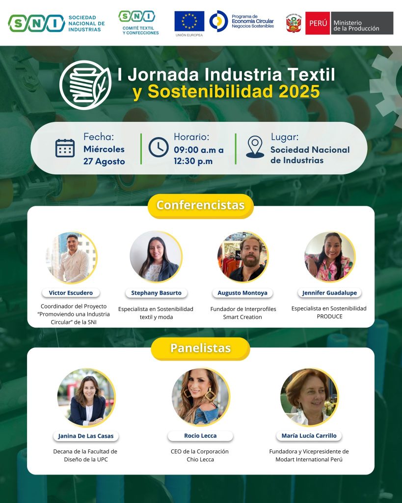 Flyer de fondo verde y blanco cuyo título de color blanco y amarillo dice "I Jornada Industria Textil y Sostenibilidad 2025"