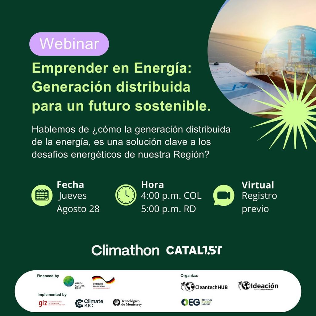 Flyer de fondo verde oscuro cuyo título de color verde limón dice "Webinar: Emprender con Energía: Generación Distribuida para un Futuro Sostenible"