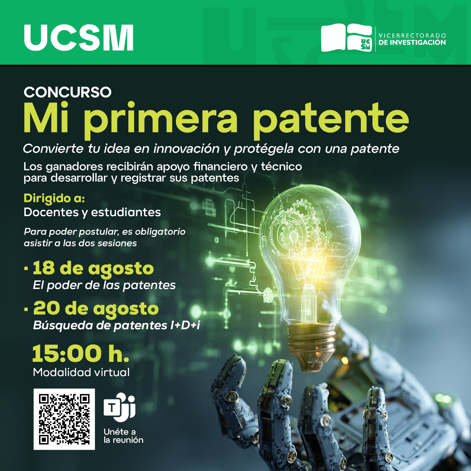 Flyer de fondo verde oscuro cuyo título amarillo dice "Webinar - Patentes I+D+i"