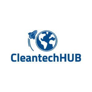 Logo de fondo blanco en cuyo centro aparece un ícono azul del planeta Tierra y abajo se encuentra un texto de color azul que dice "CleantechHUB"