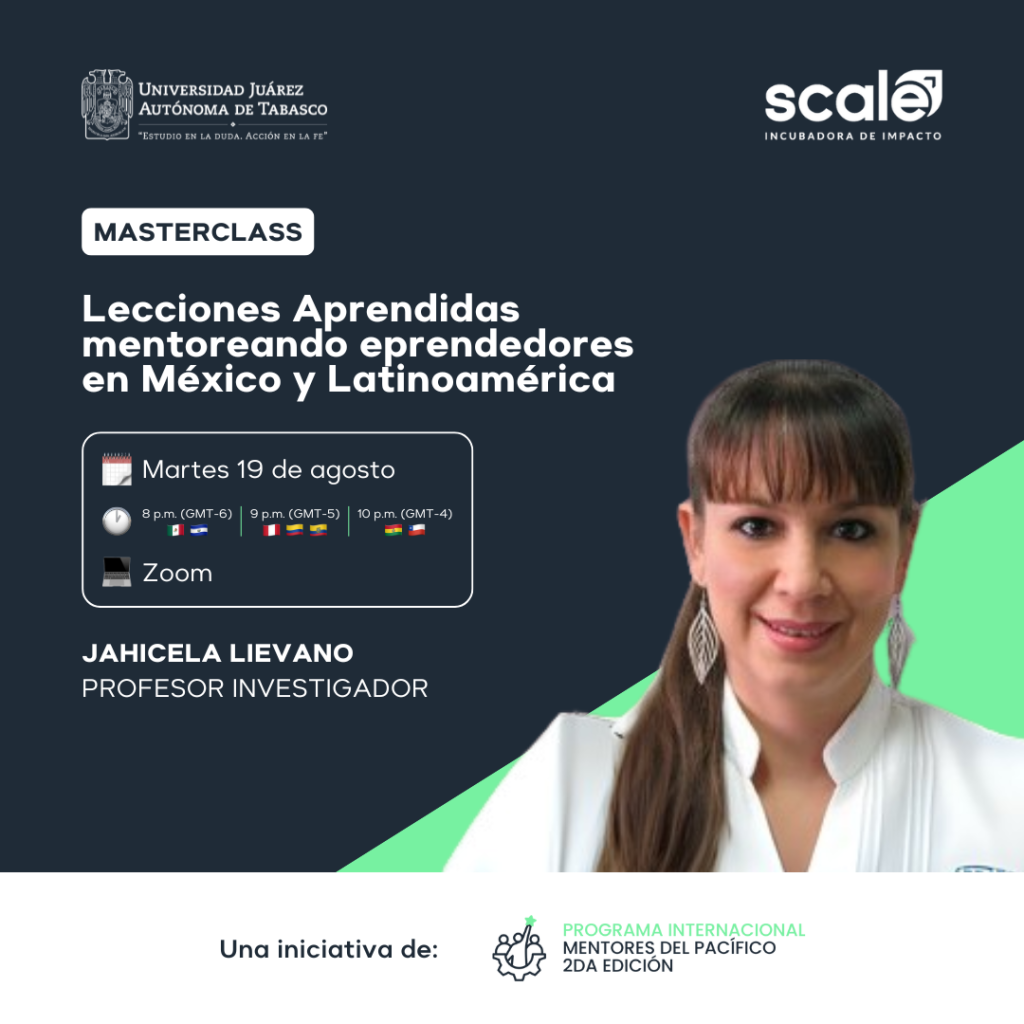 Flyer de fondo azul oscuro cuyo título blanco dice "Masterclass Internacional: Lecciones Aprendidas mentoreando emprendedores en México y Latinoamérica"